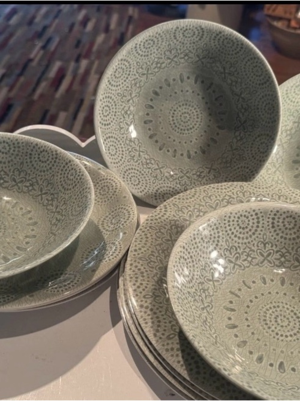 23 Market Square  Melamine Pieces Mint/Sage Pattern 8 Bowls/8 salad. 7 Dinner